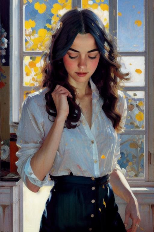 01398-841245117-oil painting, 1girl, solo, closed eyes, long hair, shirt, window, white shirt _lora_oil_0.7_.png